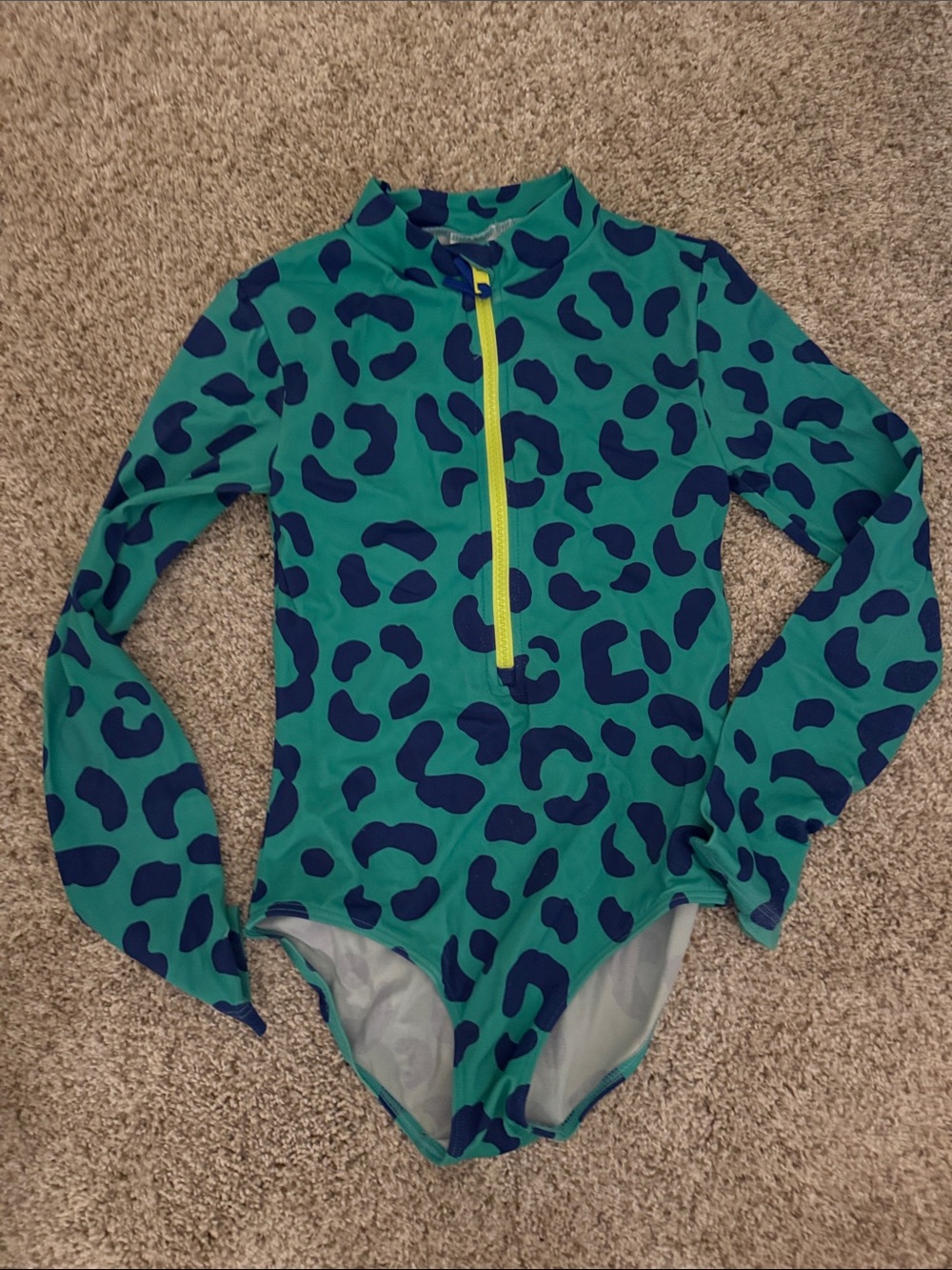 Boden Teal One-Piece Swimsuit with Navy Leopard Spots and Lime Front Zip